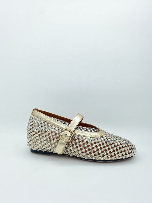 Gold Woven Mary Jane Flat with Buckle Detail