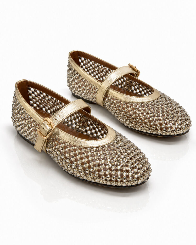 Gold Woven Mary Jane Flat with Buckle Detail