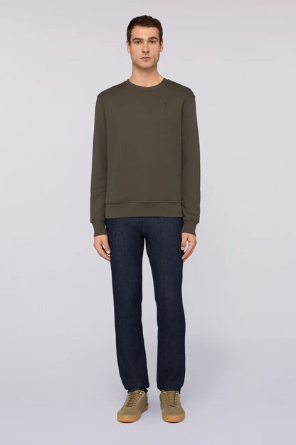 Olive Green Crew Neck Sweatshirt with Subtle Logo