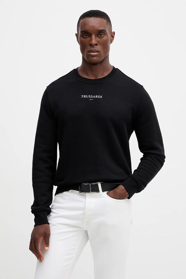 Black Cotton Logo Sweatshirt with Crew Neck