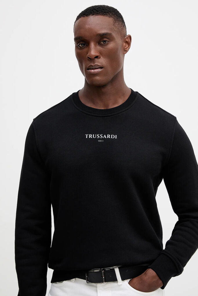 Black Cotton Logo Sweatshirt with Crew Neck