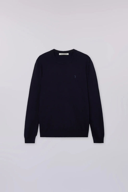 Navy Knit Crewneck Sweater with Subtle Logo