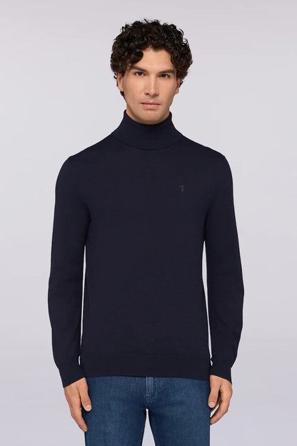 Navy Knit Turtleneck Sweater with Long Sleeves