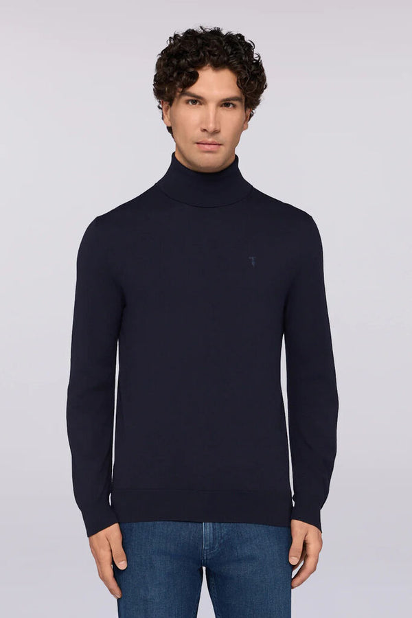 Navy Knit Turtleneck Sweater with Long Sleeves