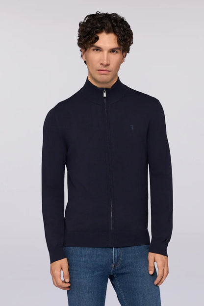 Navy Full-Zip Cardigan with Stand Collar