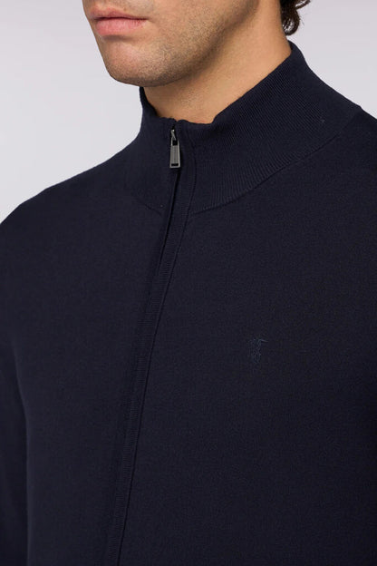 Navy Full-Zip Cardigan with Stand Collar