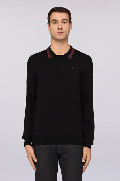 Black Long Sleeve Knit Polo with Contrast Collar