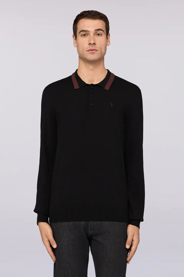 Black Long Sleeve Knit Polo with Contrast Collar