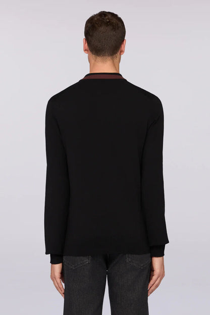 Black Long Sleeve Knit Polo with Contrast Collar