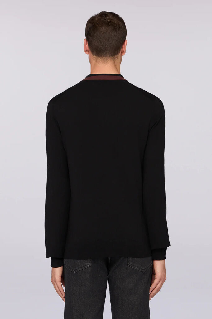 Black Long Sleeve Knit Polo with Contrast Collar