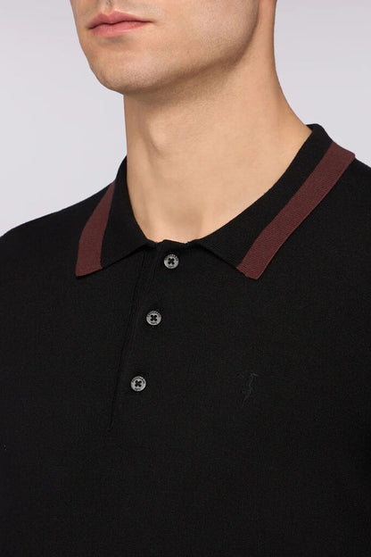 Black Long Sleeve Knit Polo with Contrast Collar