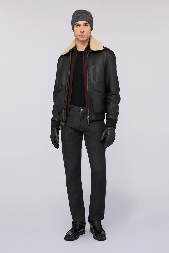 Black Long Sleeve Knit Polo with Contrast Collar