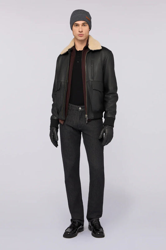 Black Long Sleeve Knit Polo with Contrast Collar