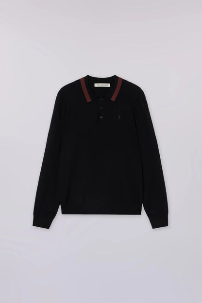 Black Long Sleeve Knit Polo with Contrast Collar