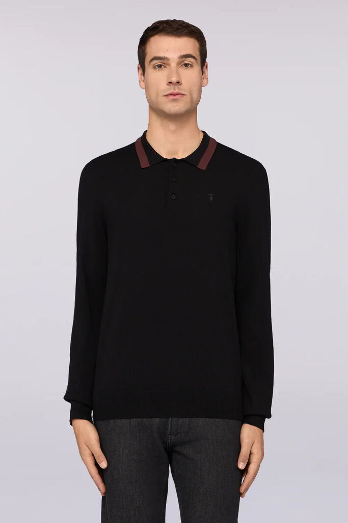 Black Long Sleeve Knit Polo with Contrast Collar