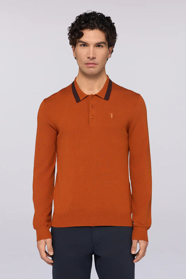 Rust Knit Long-Sleeve Polo with Contrast Collar