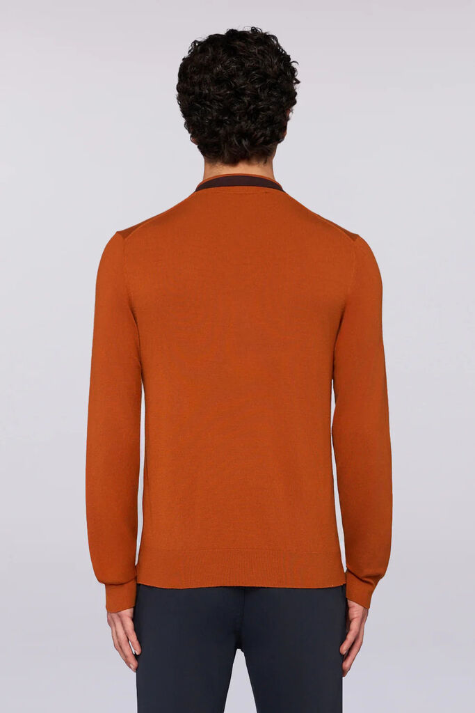 Rust Knit Long-Sleeve Polo with Contrast Collar