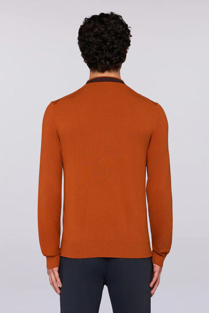 Rust Knit Long-Sleeve Polo with Contrast Collar