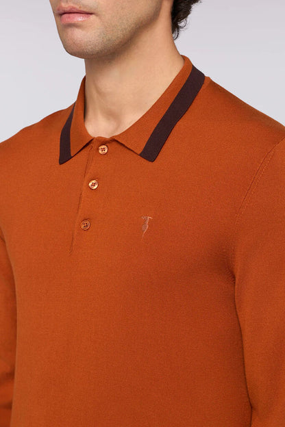 Rust Knit Long-Sleeve Polo with Contrast Collar