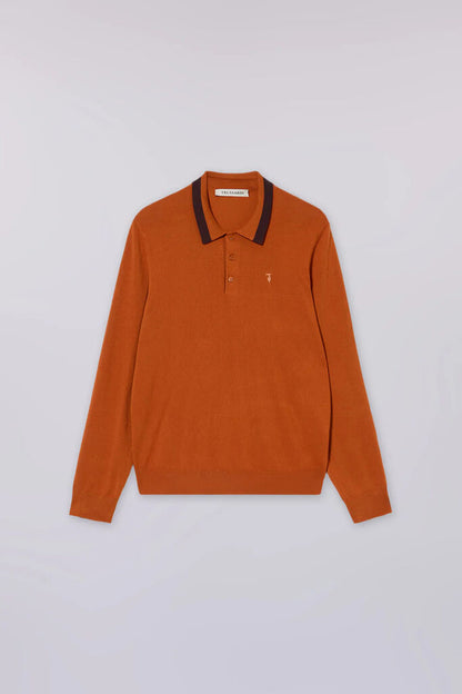 Rust Knit Long-Sleeve Polo with Contrast Collar