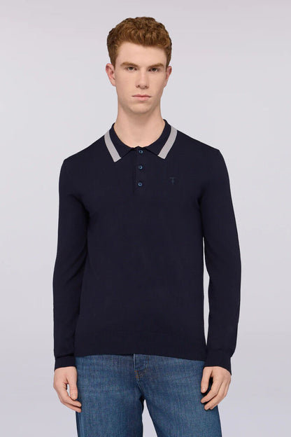 Navy Knit Long Sleeve Polo with Contrast Collar