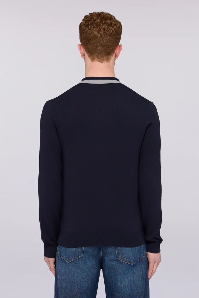 Navy Knit Long Sleeve Polo with Contrast Collar