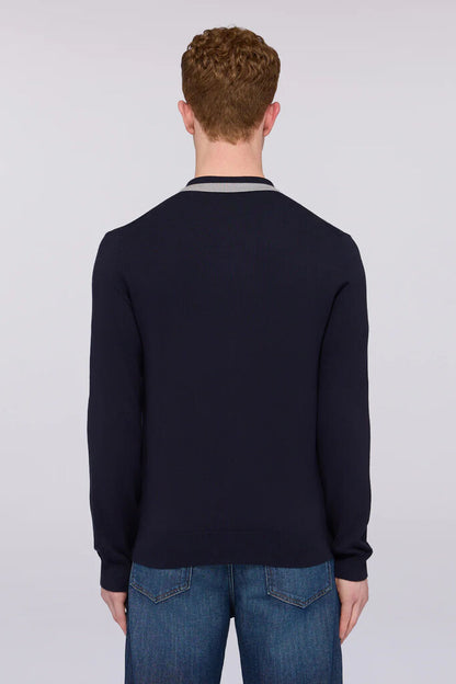 Navy Knit Long Sleeve Polo with Contrast Collar