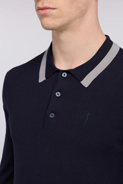 Navy Knit Long Sleeve Polo with Contrast Collar