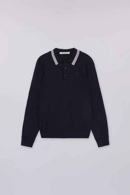 Navy Knit Long Sleeve Polo with Contrast Collar