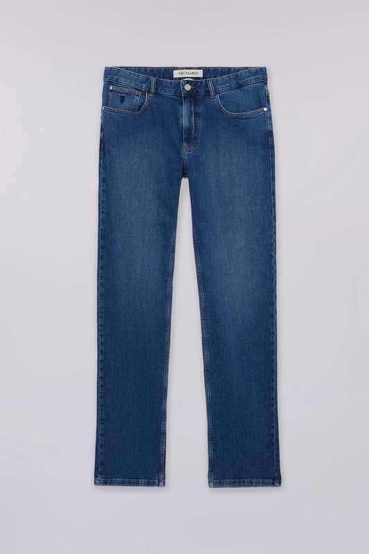 Blue Denim Straight-Leg Jeans with Classic Five-Pocket Design
