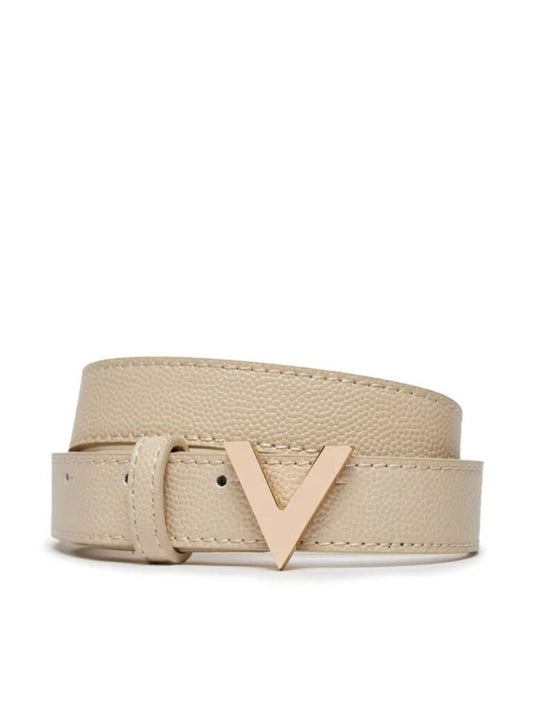 Ivory Textured Leather Belt with Gold Accent