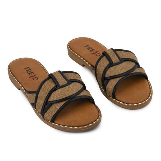 Brown Woven Slide Sandals with Crisscross Straps