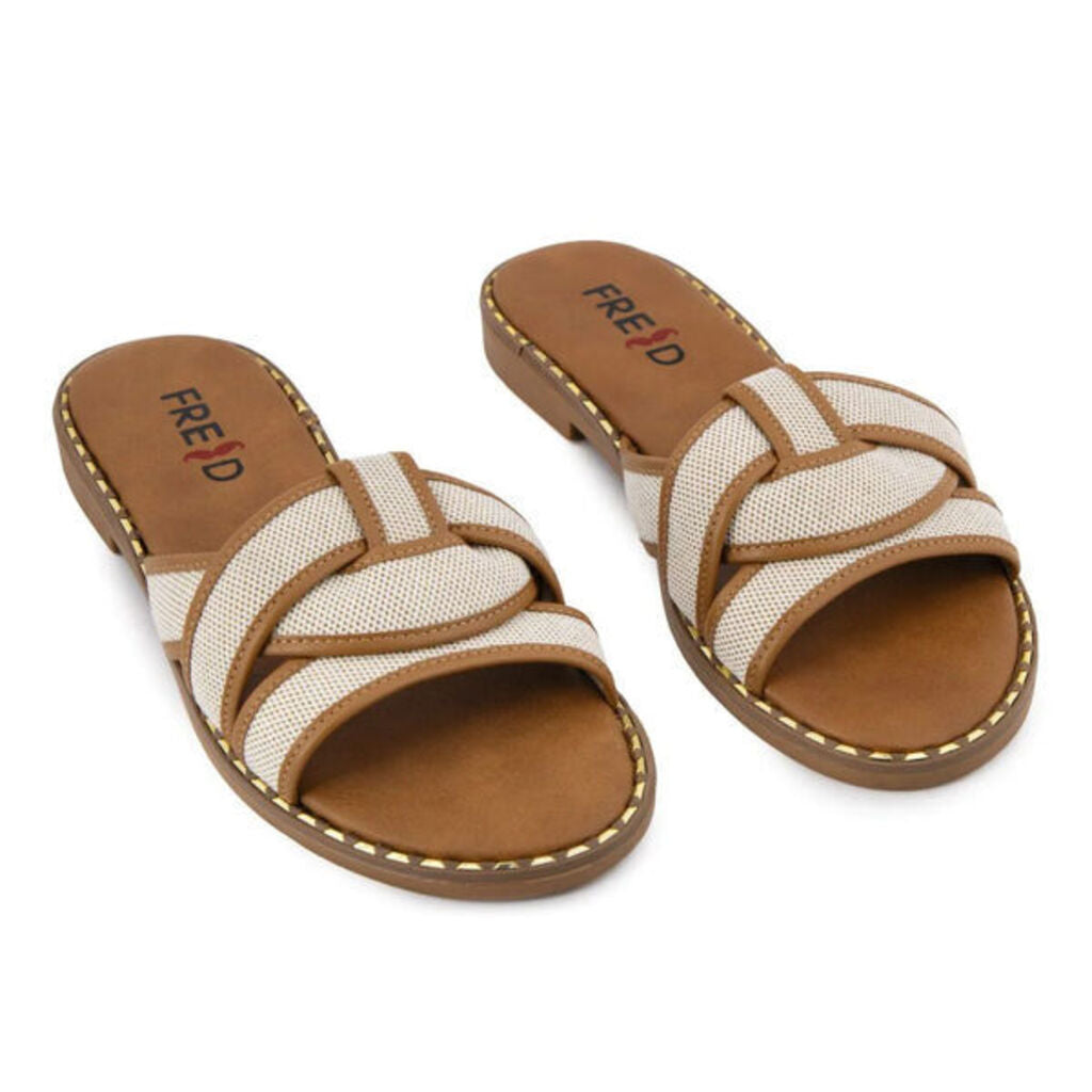 Tan Woven Slide Sandals with Braided Detail