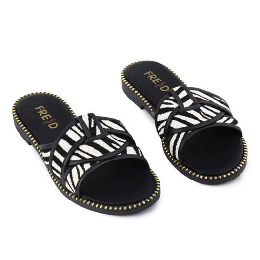 Black Zebra Pattern Slide Sandals with Studded Detail