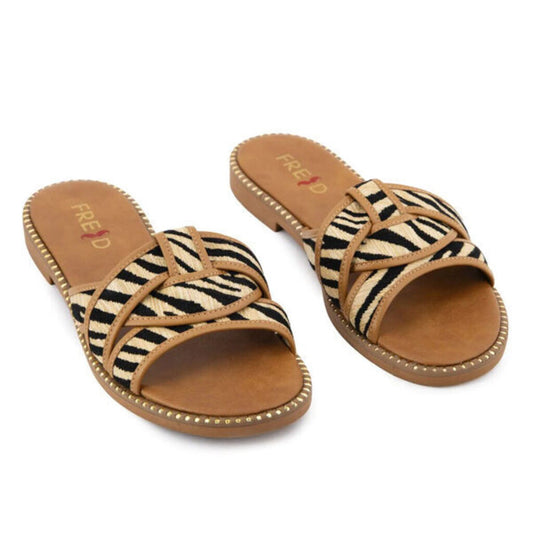 Tan Animal Print Slide Sandals with Studded Sole