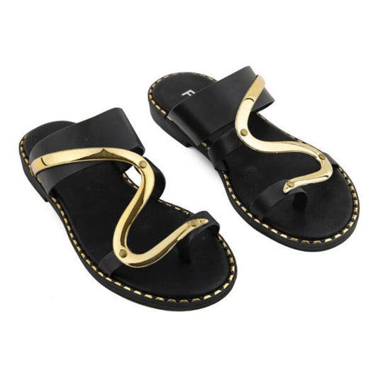 Black Sandals with Gold Accents and Curved Straps