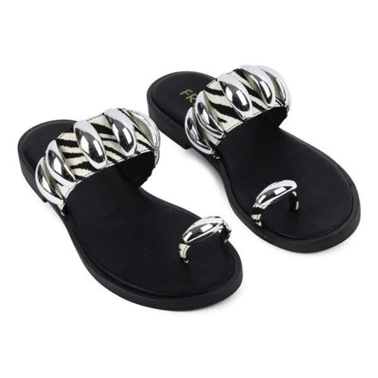 Black Zebra Print Slide Sandals with Metallic Accents