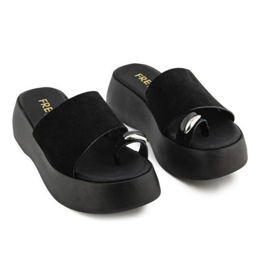 Black Platform Slip-On Sandals with Metallic Accents
