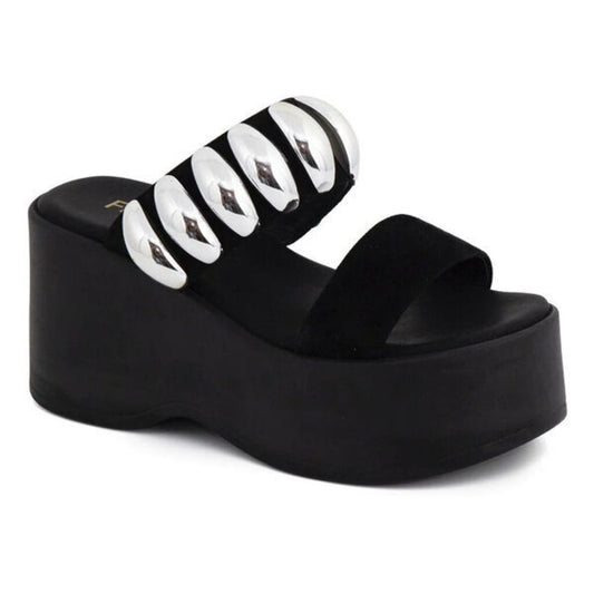 Black Platform Mules with Silver Accents
