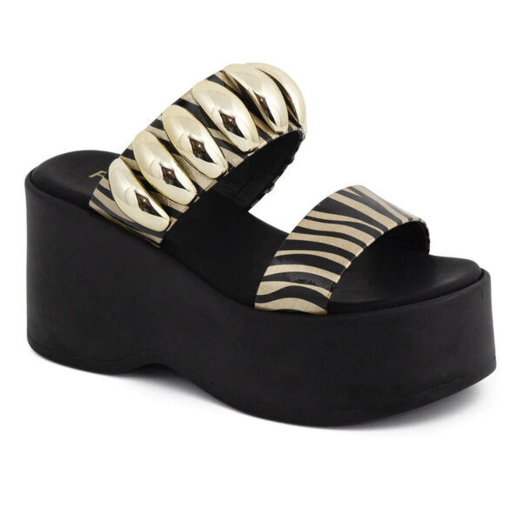 Black Platform Sandals with Gold Accent and Animal Print