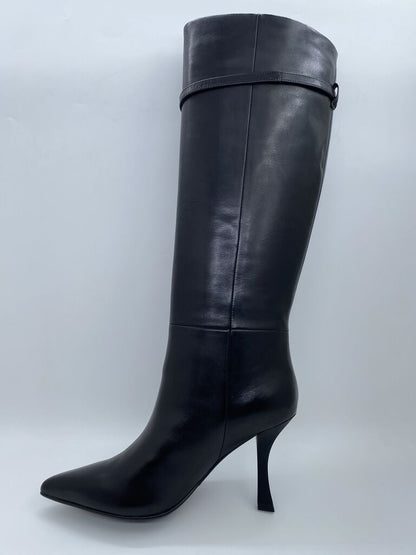 Black Leather Knee-High Boots with Gold Buckle Detail