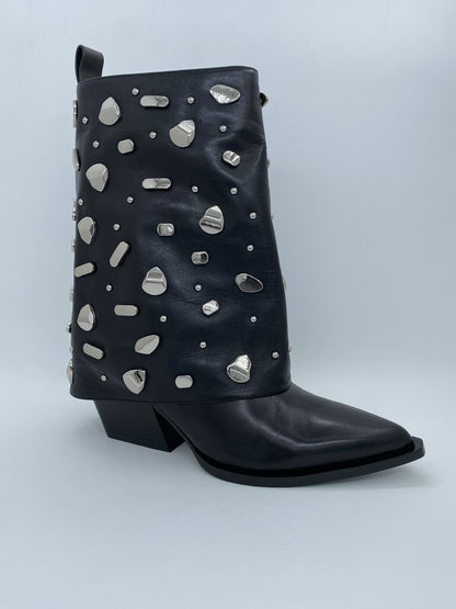 Black Embellished Leather Ankle Boots with Stud Accents
