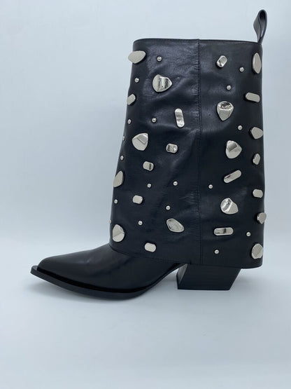 Black Embellished Leather Ankle Boots with Stud Accents