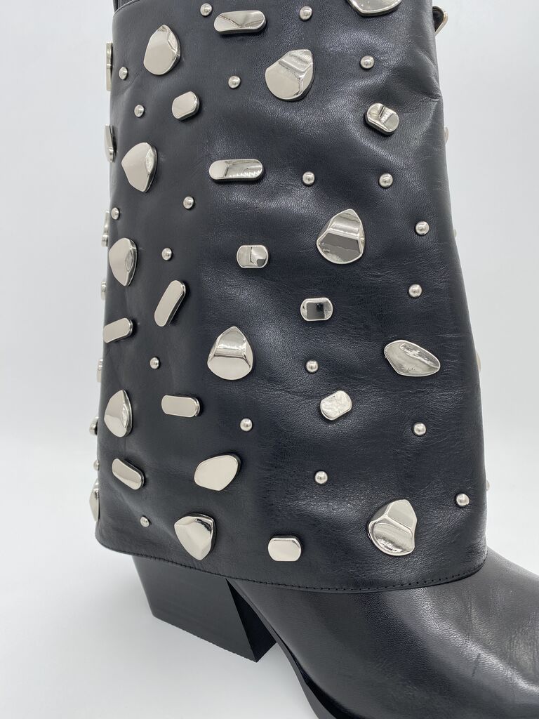 Black Embellished Leather Ankle Boots with Stud Accents