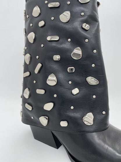 Black Embellished Leather Ankle Boots with Stud Accents