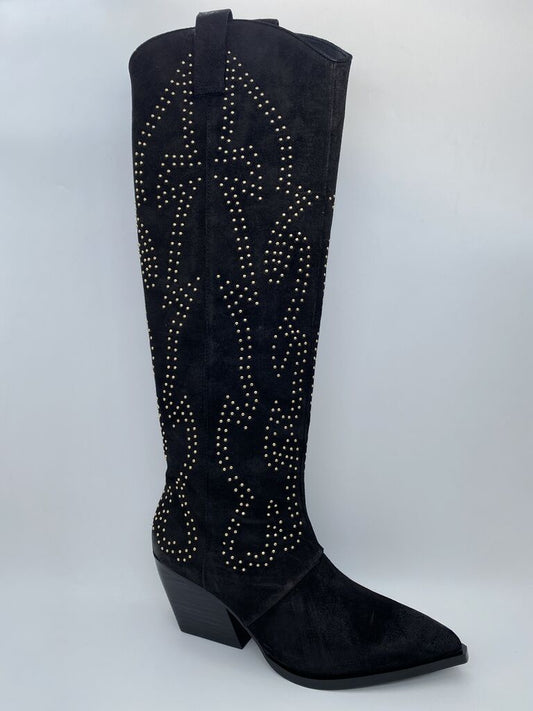 Black Suede Cowgirl Boot with Studded Embellishments