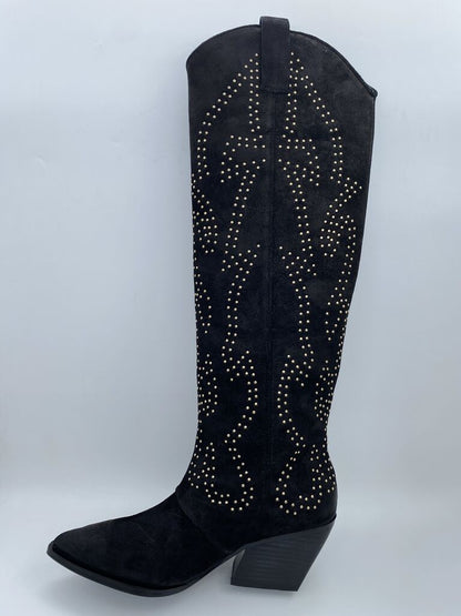 Black Suede Cowgirl Boot with Studded Embellishments