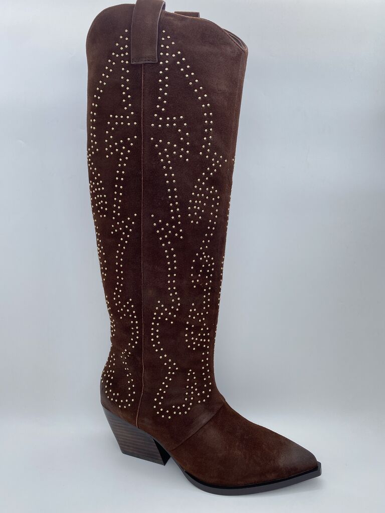 Brown Suede Studded Cowboy Boots