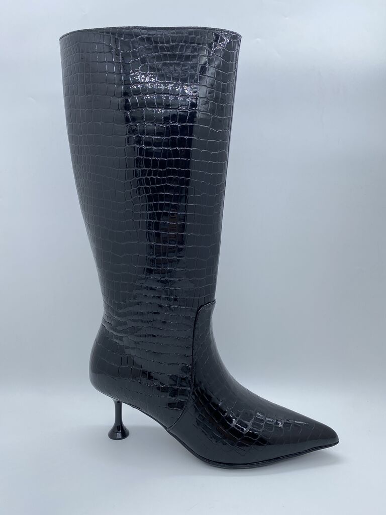 Black Embossed Mid Calf Boot with Kitten Heel