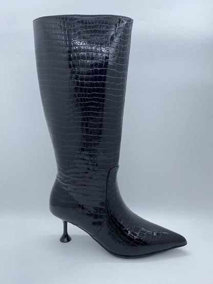 Black Embossed Mid Calf Boot with Kitten Heel
